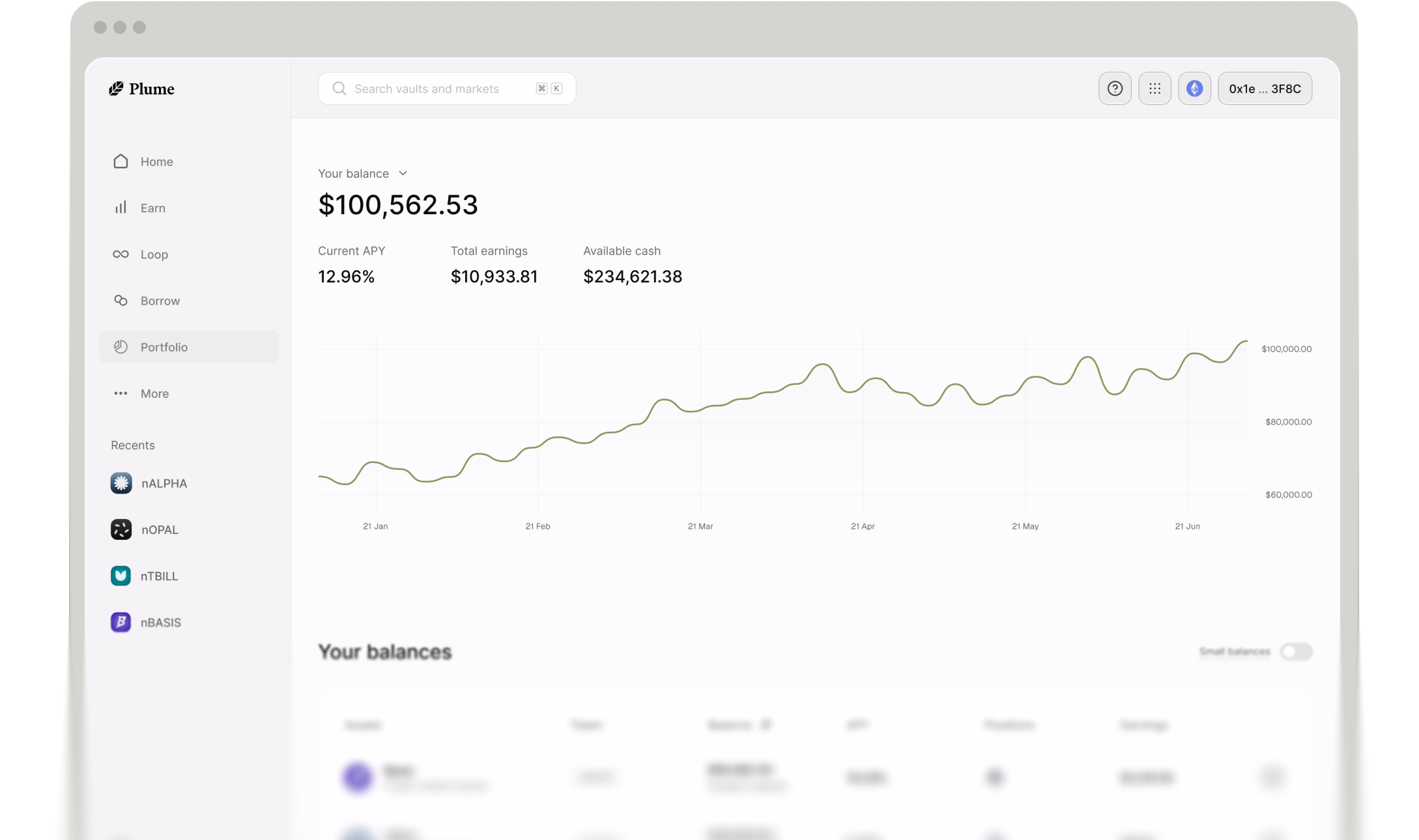Plume Vaults dashboard showing balances, yield, and vault positions